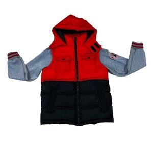 Weatherproof red black & gray puffer jacket with hood zip closure pockets, M.